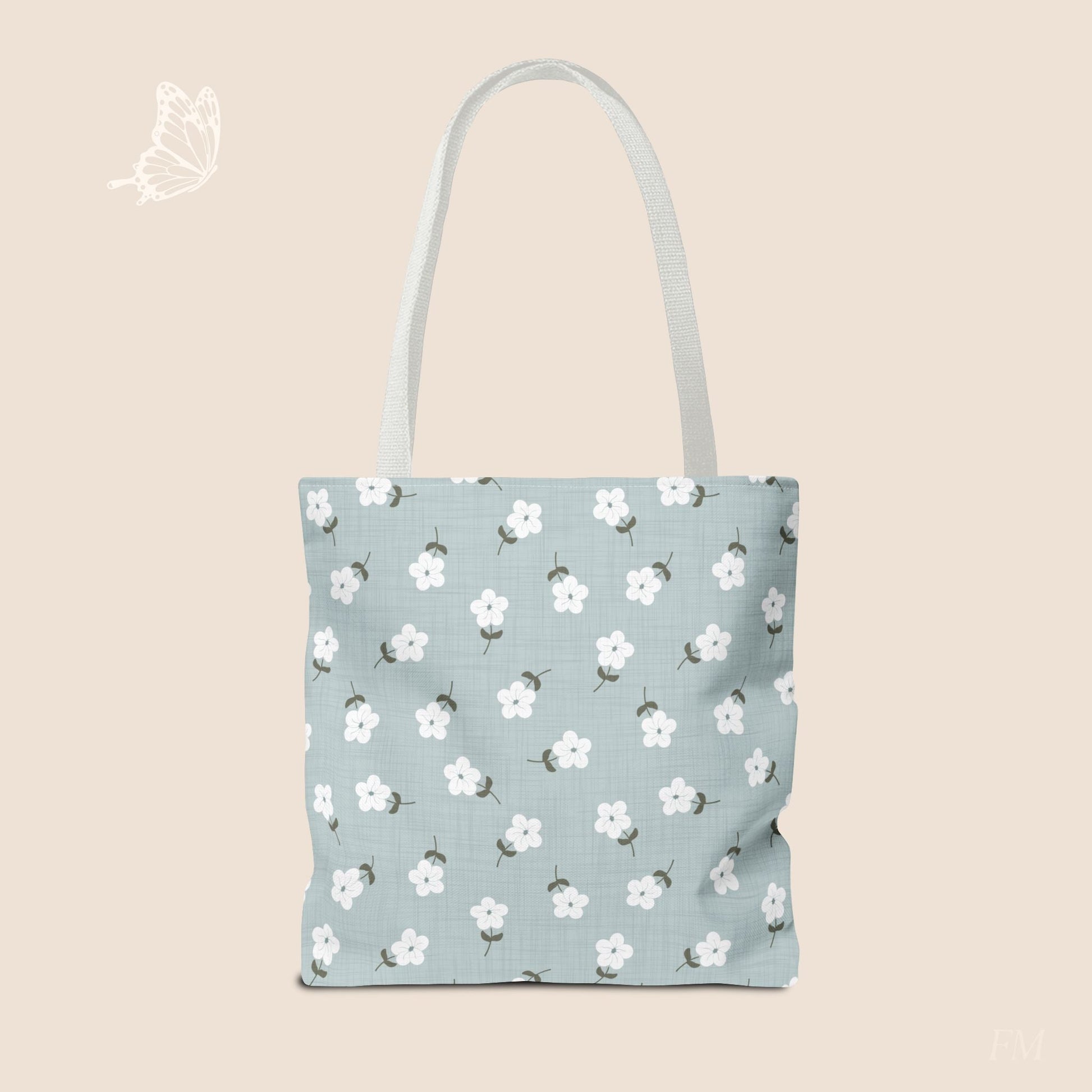 Heirloom Petites Blue Dainty Floral Day Tote Bag with hand drawn artwork - Flourish Moon Studio