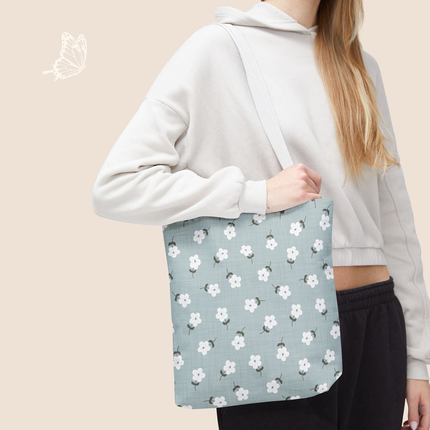 Heirloom Petites Blue Dainty Floral Day Tote Bag with hand drawn artwork - Flourish Moon Studio