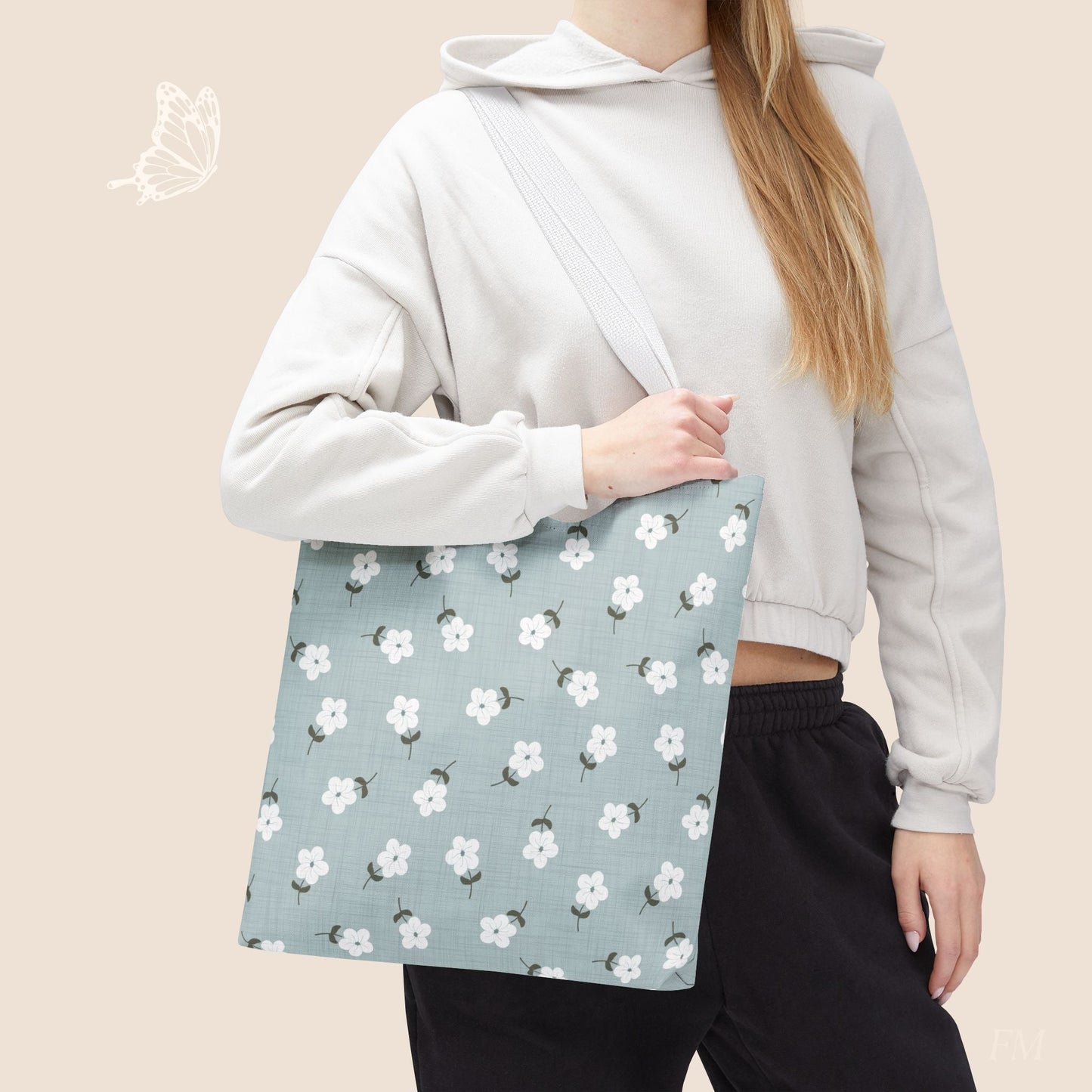 Heirloom Petites Blue Dainty Floral Day Tote Bag with hand drawn artwork - Flourish Moon Studio