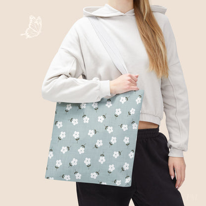 Heirloom Petites Blue Dainty Floral Day Tote Bag with hand drawn artwork - Flourish Moon Studio