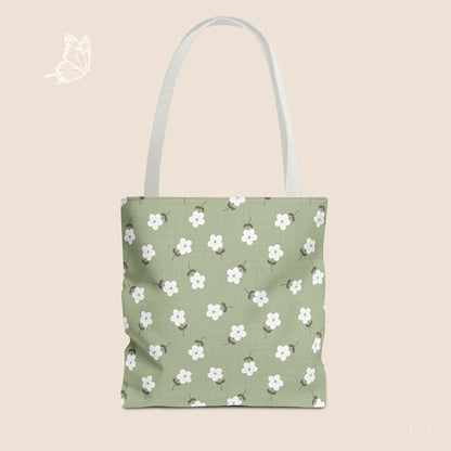 Heirloom Petites Spring Green Dainty Floral Day Tote Bag with hand drawn artwork - Flourish Moon Studio
