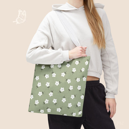 Heirloom Petites Spring Green Dainty Floral Day Tote Bag with hand drawn artwork - Flourish Moon Studio
