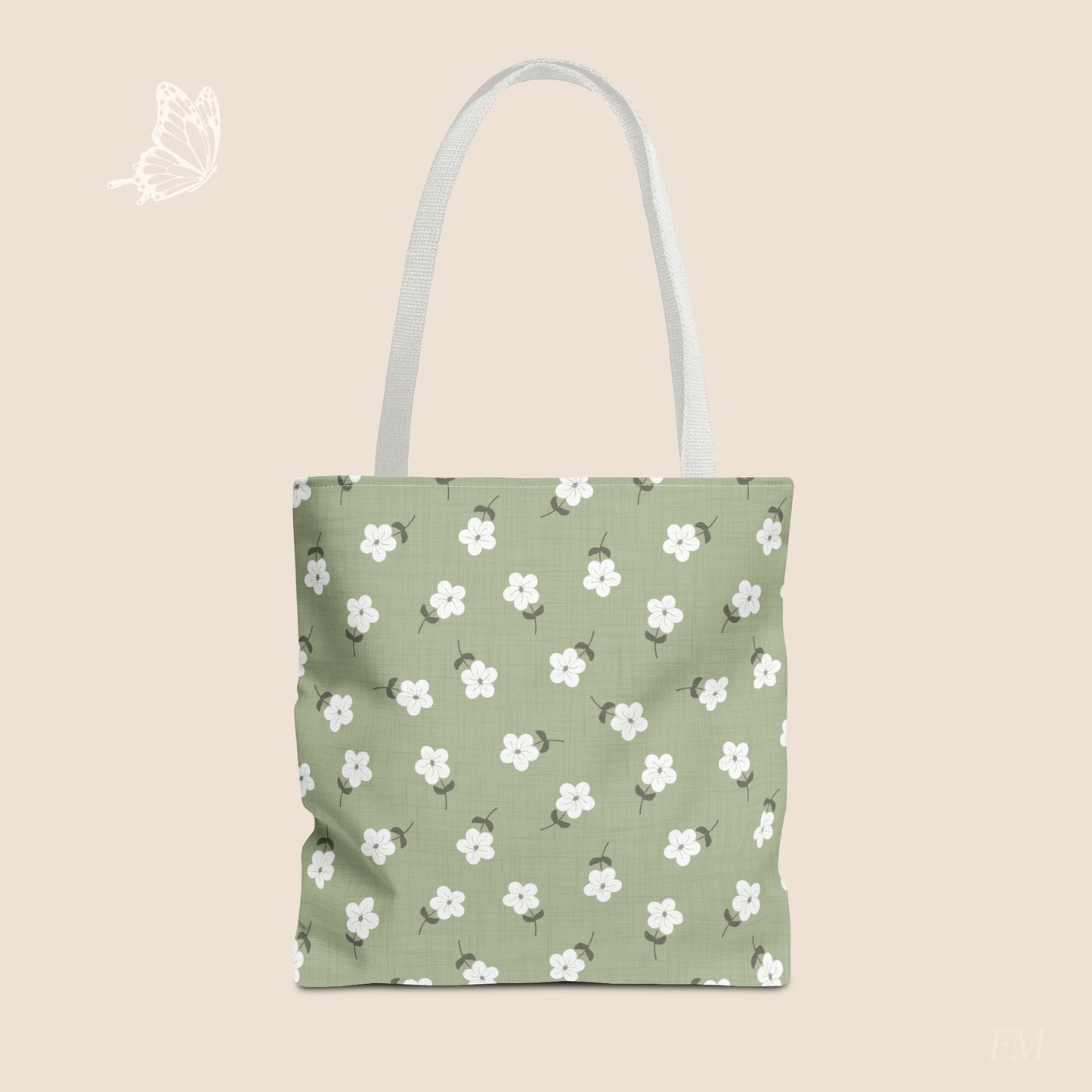 Heirloom Petites Spring Green Dainty Floral Day Tote Bag with hand drawn artwork - Flourish Moon Studio