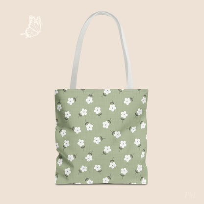 Heirloom Petites Spring Green Dainty Floral Day Tote Bag with hand drawn artwork - Flourish Moon Studio