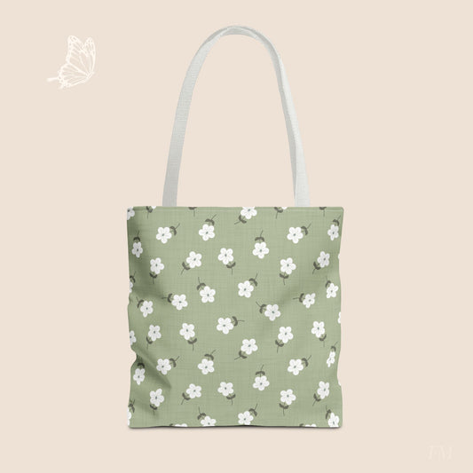 Heirloom Petites Spring Green Dainty Floral Day Tote Bag with hand drawn artwork - Flourish Moon Studio