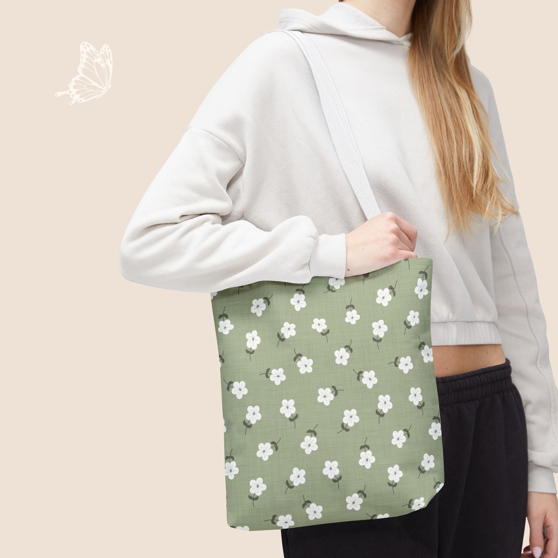 Heirloom Petites Spring Green Dainty Floral Day Tote Bag with hand drawn artwork - Flourish Moon Studio