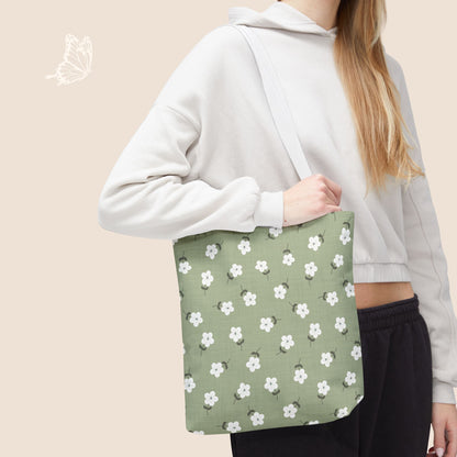 Heirloom Petites Spring Green Dainty Floral Day Tote Bag with hand drawn artwork - Flourish Moon Studio