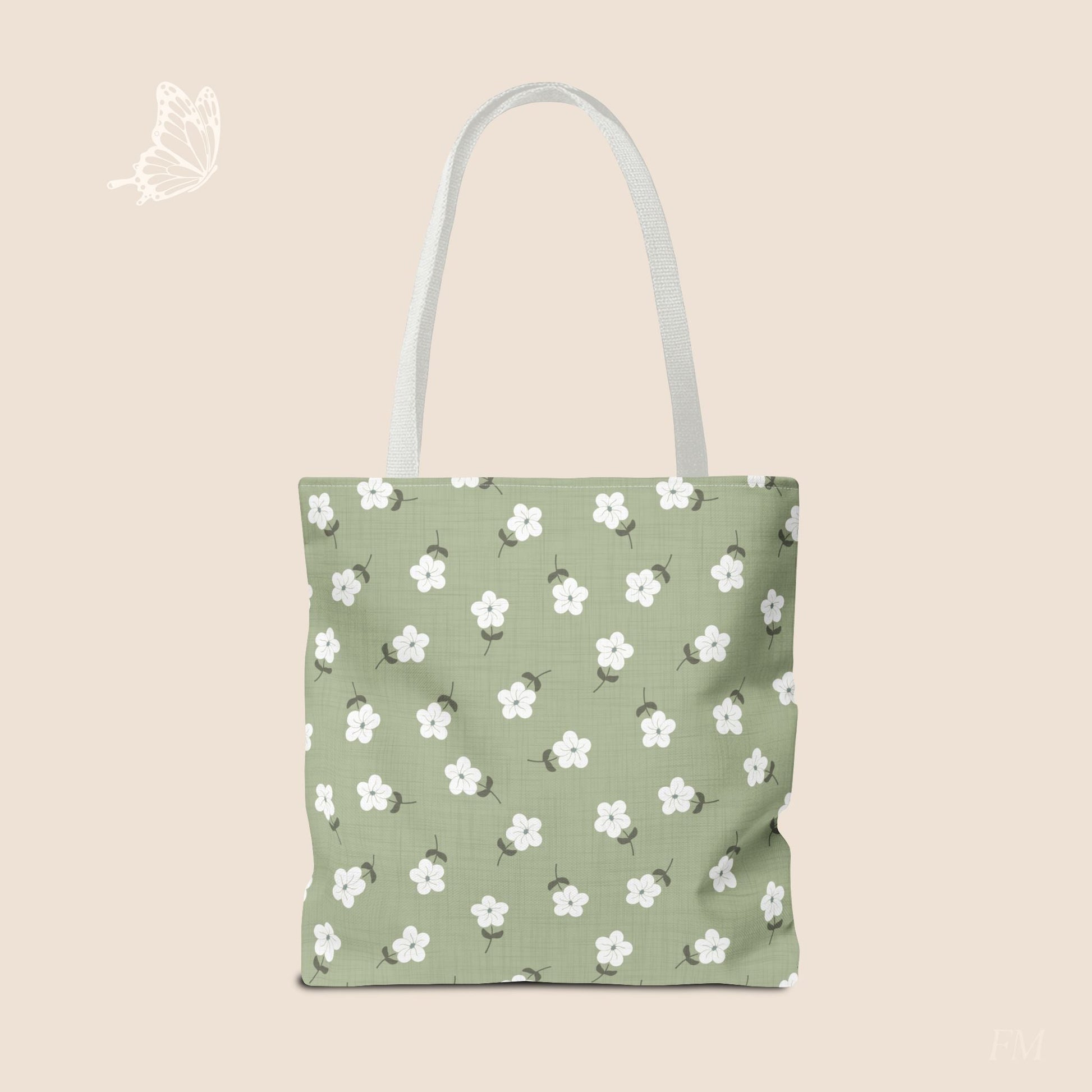 Heirloom Petites Spring Green Dainty Floral Day Tote Bag with hand drawn artwork - Flourish Moon Studio