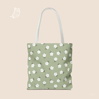 Heirloom Petites Spring Green Dainty Floral Day Tote Bag with hand drawn artwork - Flourish Moon Studio