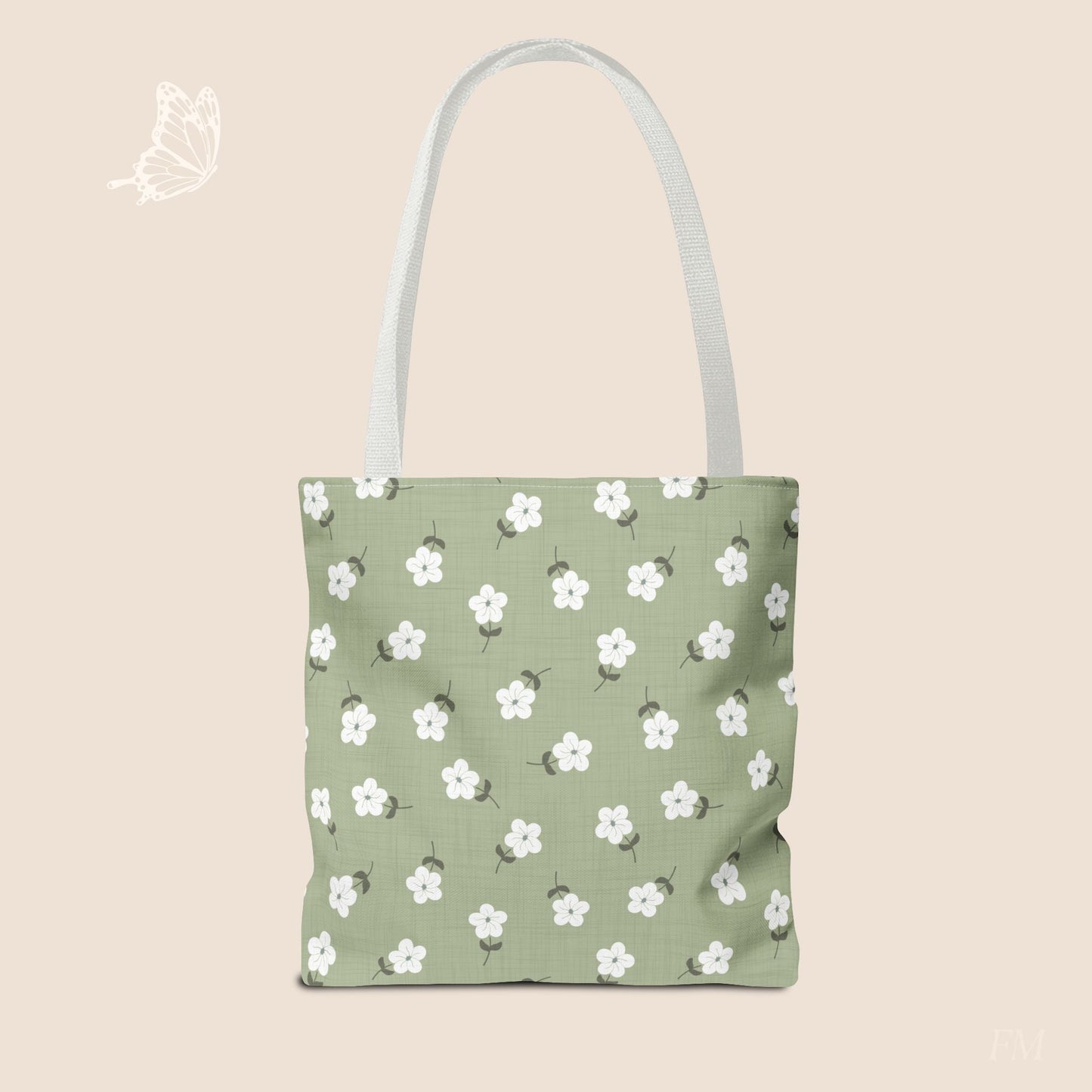 Heirloom Petites Spring Green Dainty Floral Day Tote Bag with hand drawn artwork - Flourish Moon Studio