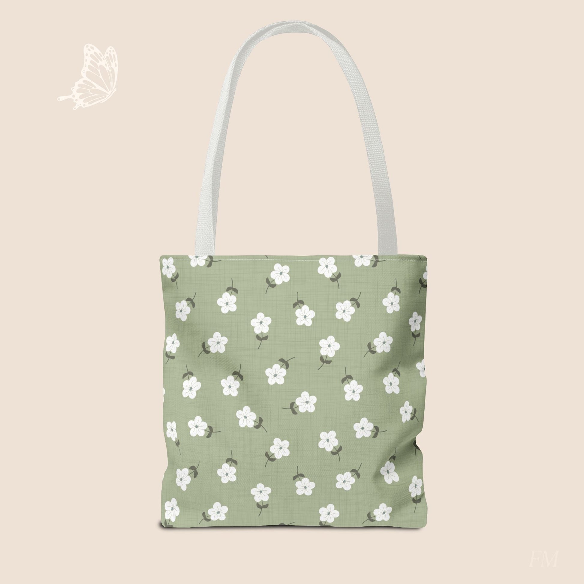 Heirloom Petites Spring Green Dainty Floral Day Tote Bag with hand drawn artwork - Flourish Moon Studio