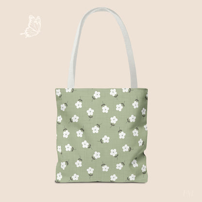 Heirloom Petites Spring Green Dainty Floral Day Tote Bag with hand drawn artwork - Flourish Moon Studio