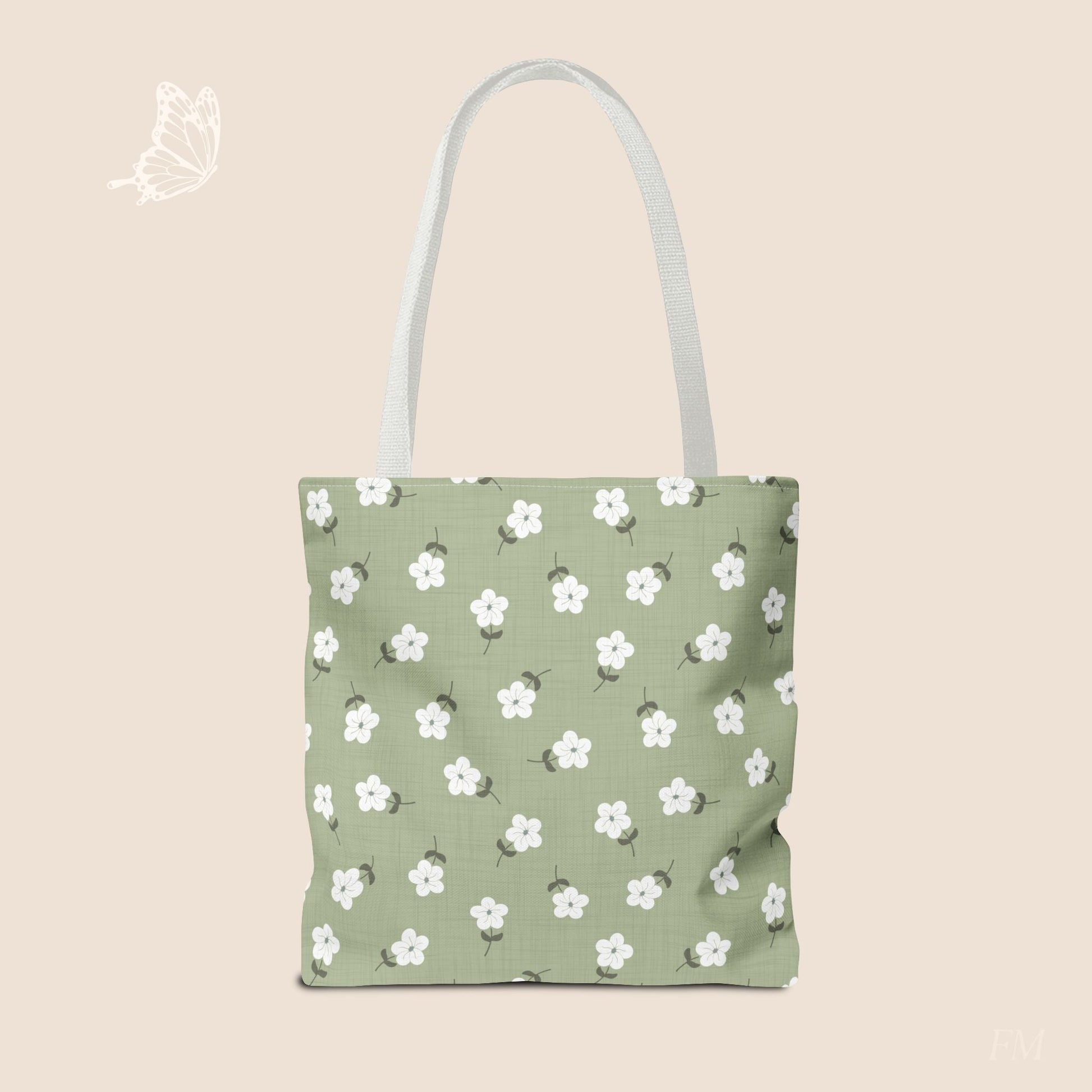 Heirloom Petites Spring Green Dainty Floral Day Tote Bag with hand drawn artwork - Flourish Moon Studio