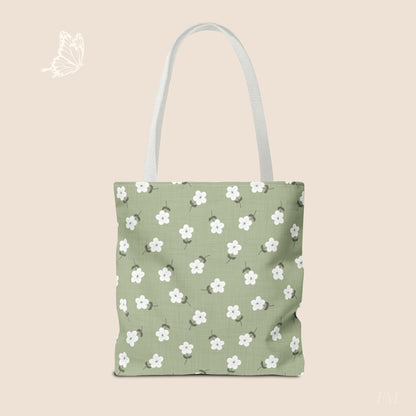 Heirloom Petites Spring Green Dainty Floral Day Tote Bag with hand drawn artwork - Flourish Moon Studio