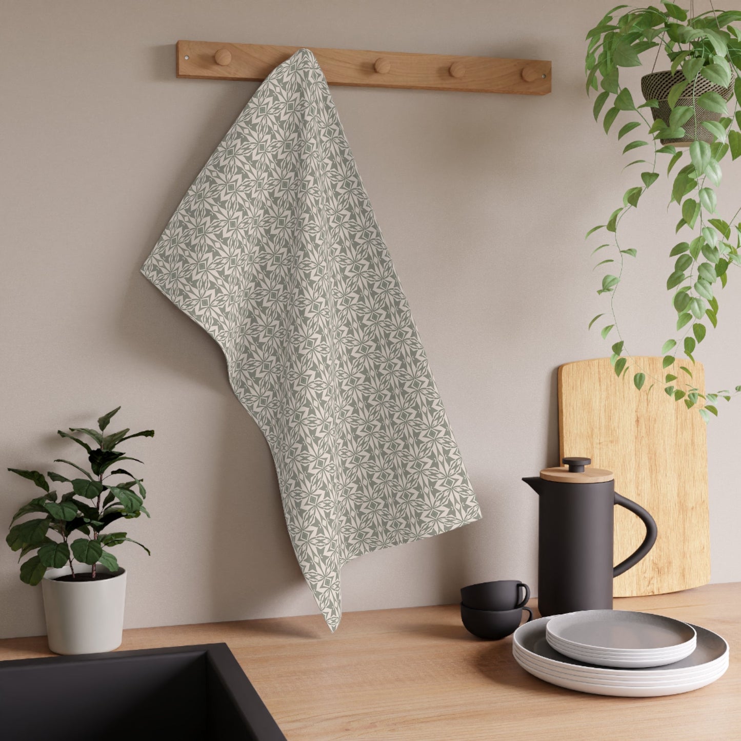 Leaf Whispers Tea Towel with hand - drawn artwork - Flourish Moon Studio