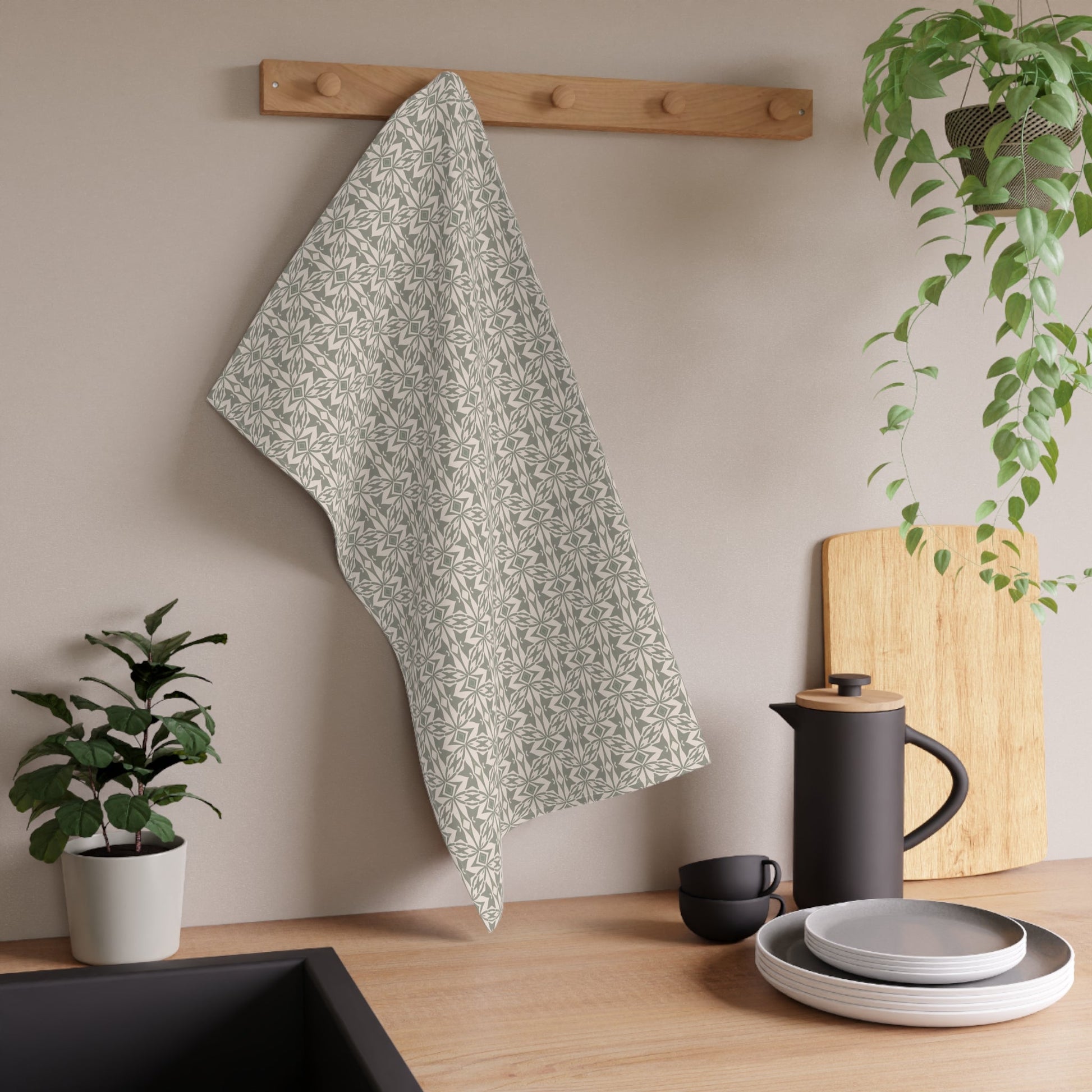 Leaf Whispers Tea Towel with hand - drawn artwork - Flourish Moon Studio