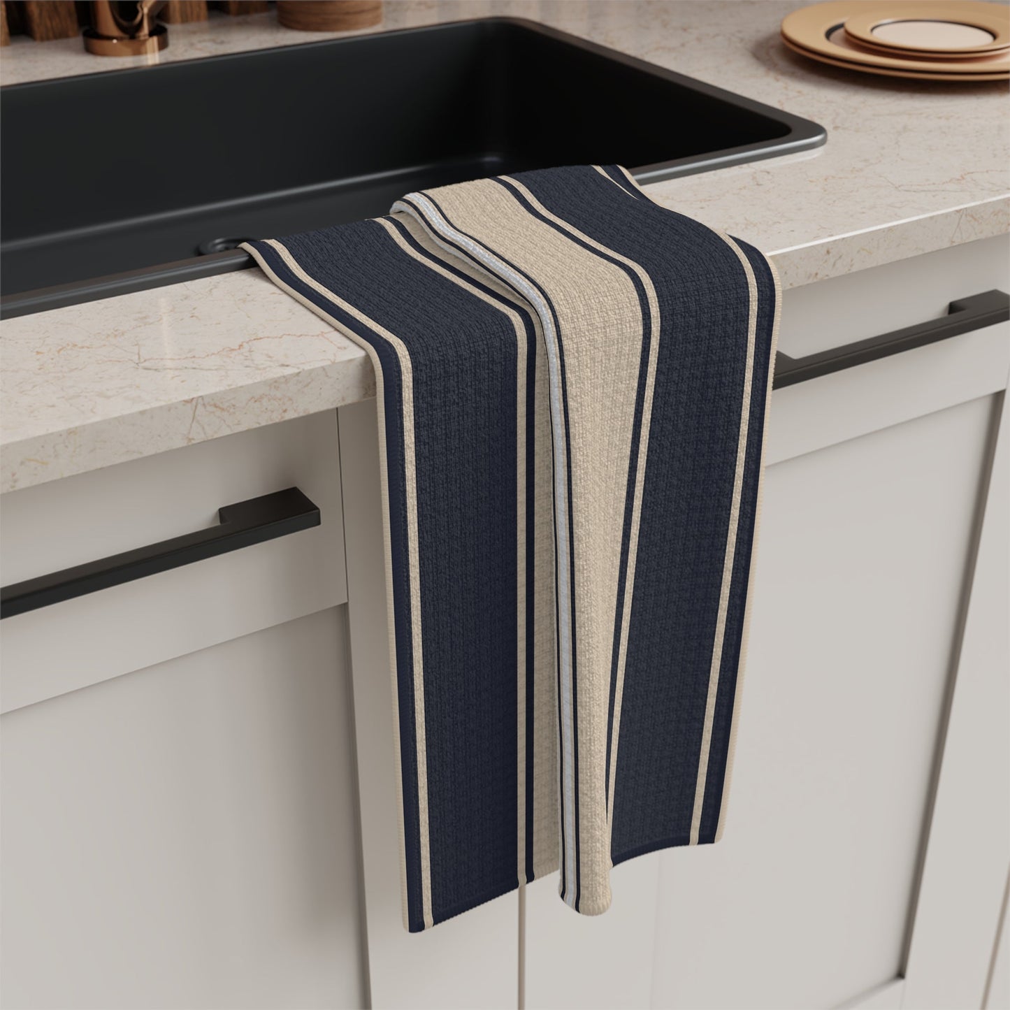 Mariner Stripes Microfiber Waffle Kitchen Towel with hand - drawn artwork - Flourish Moon Studio