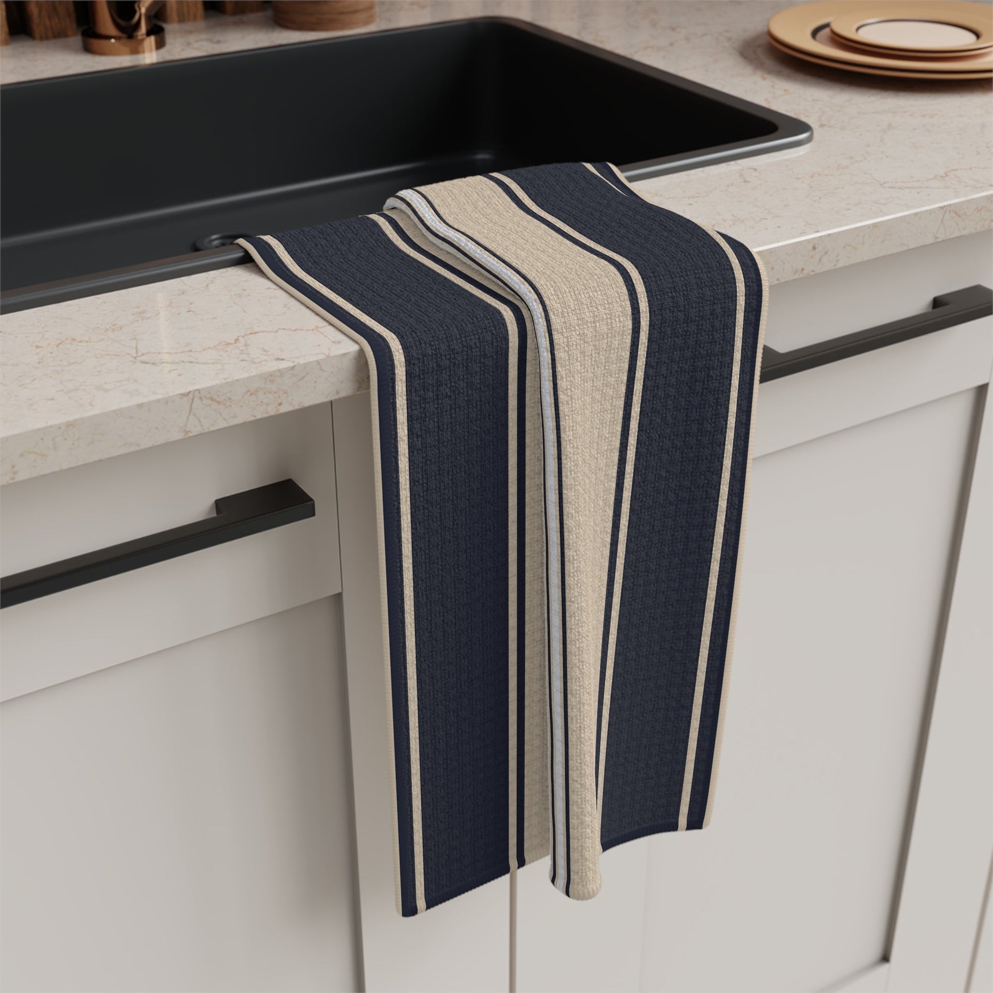 Mariner Stripes Microfiber Waffle Kitchen Towel with hand - drawn artwork - Flourish Moon Studio