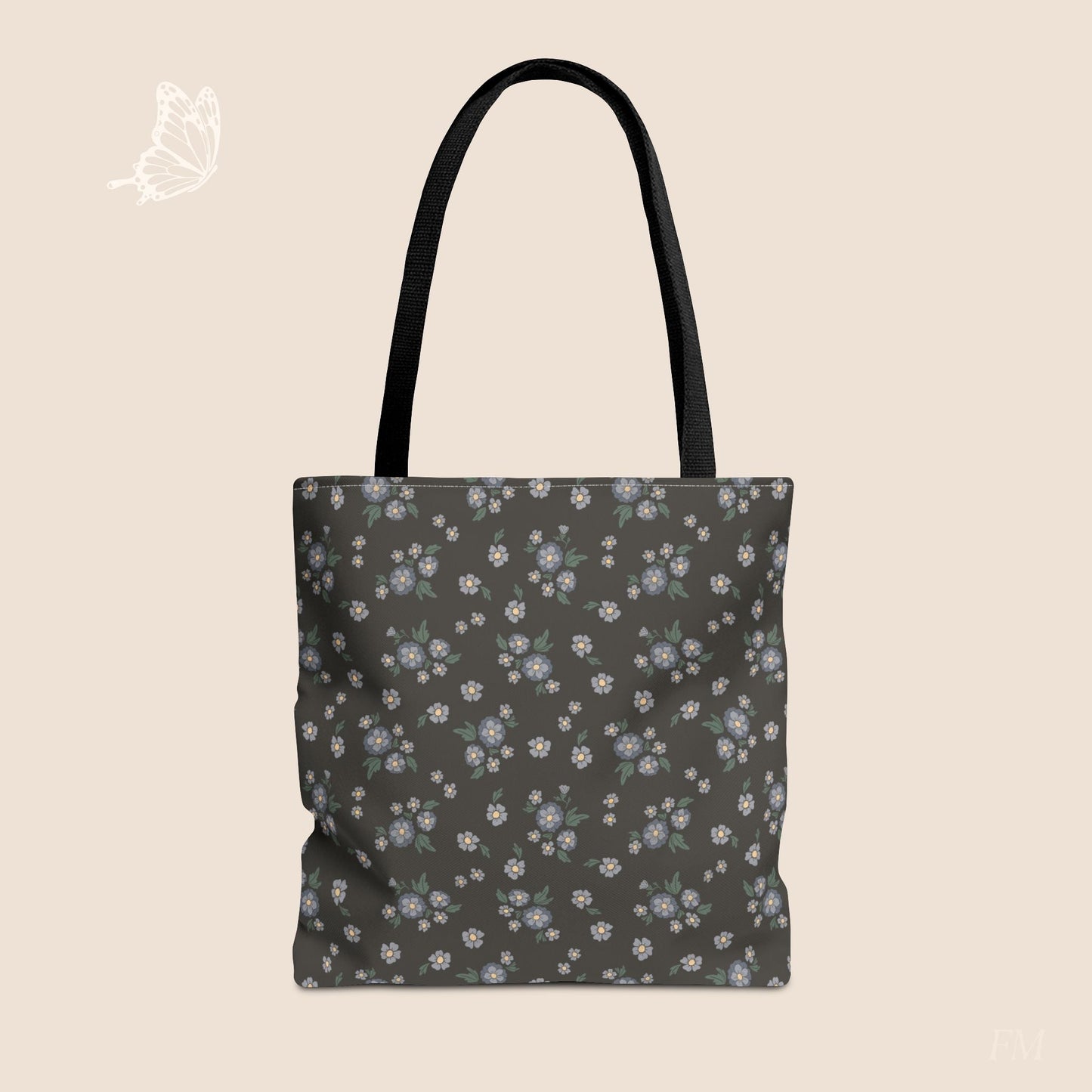 Meadow Heirloom Floral Denim Night Day Tote Bag with hand drawn artwork - Flourish Moon Studio