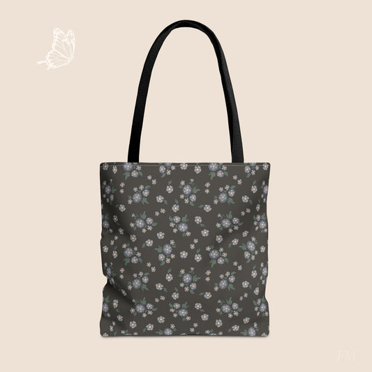Meadow Heirloom Floral Denim Night Day Tote Bag with hand drawn artwork - Flourish Moon Studio