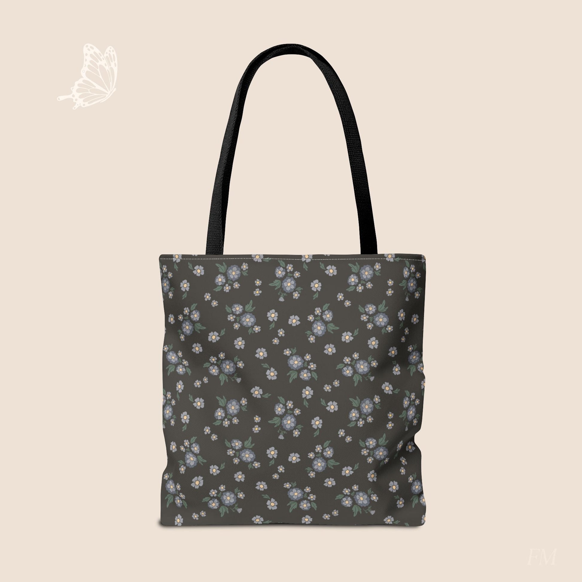 Meadow Heirloom Floral Denim Night Day Tote Bag with hand drawn artwork - Flourish Moon Studio