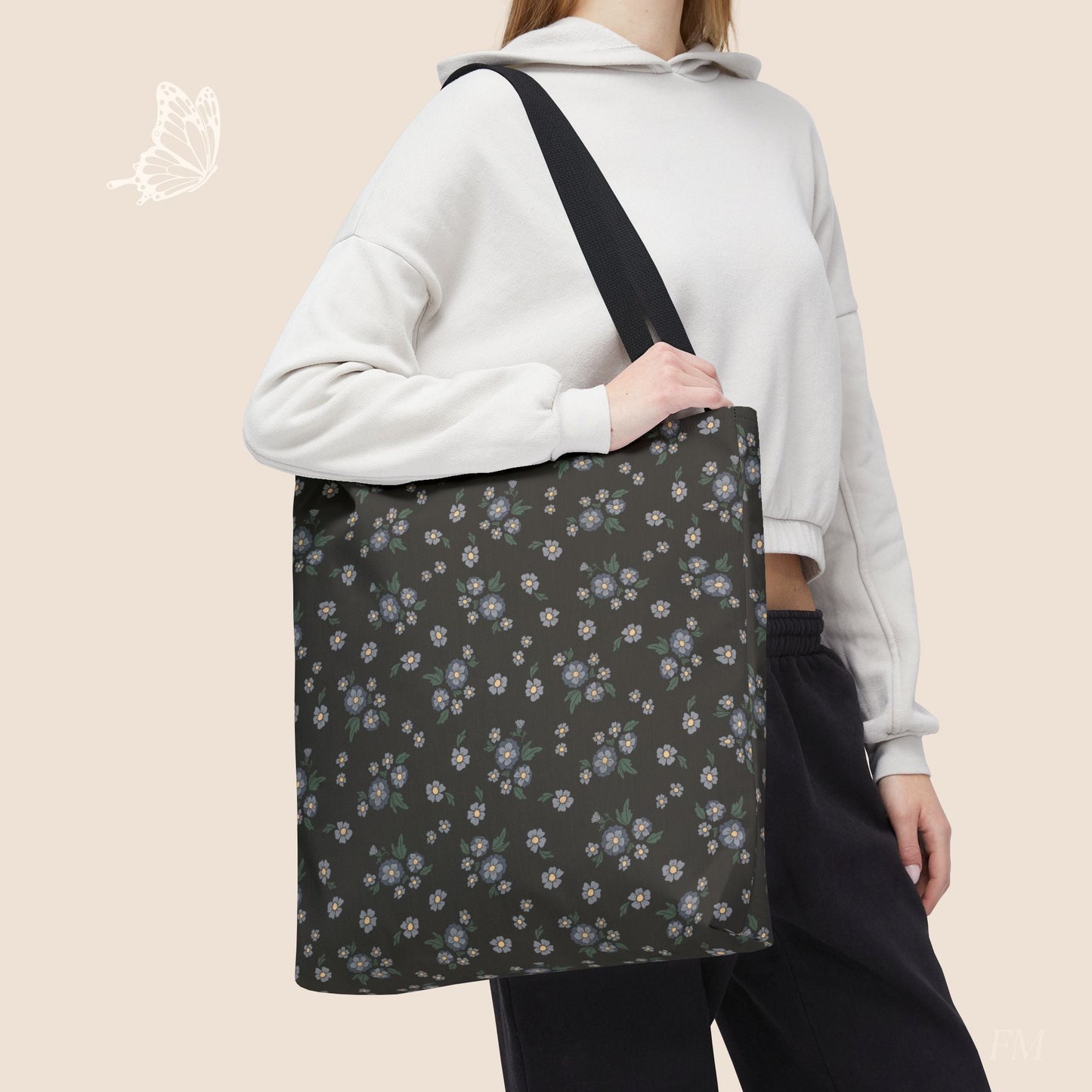 Meadow Heirloom Floral Denim Night Day Tote Bag with hand drawn artwork - Flourish Moon Studio