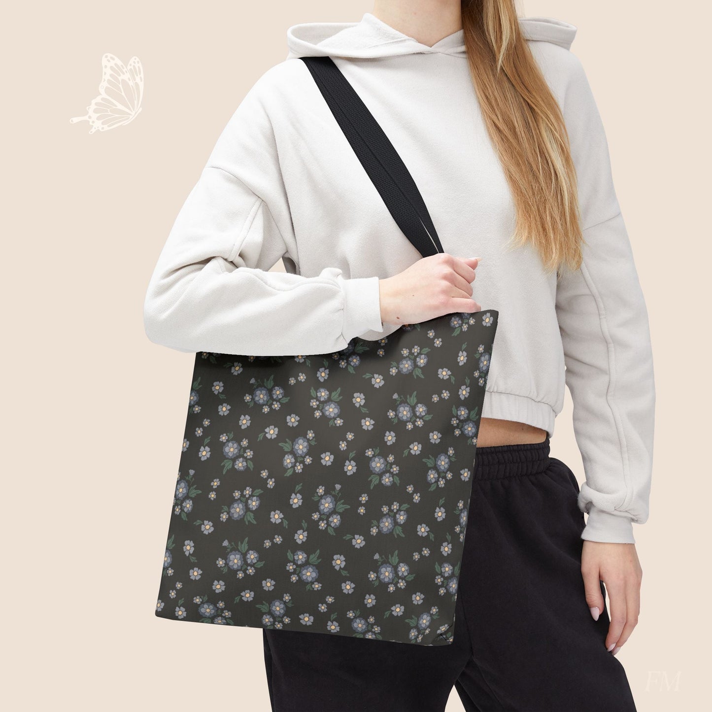Meadow Heirloom Floral Denim Night Day Tote Bag with hand drawn artwork - Flourish Moon Studio