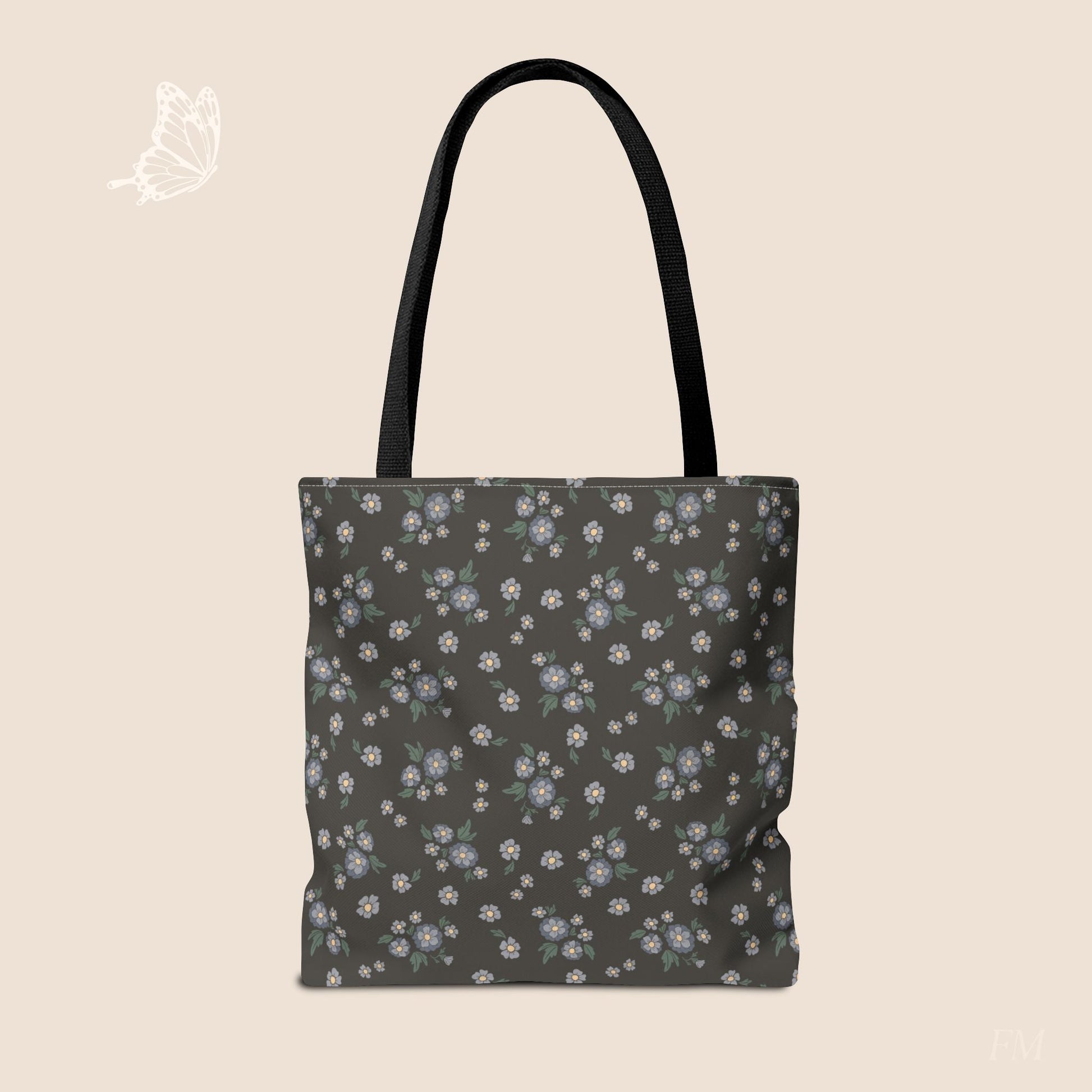 Meadow Heirloom Floral Denim Night Day Tote Bag with hand drawn artwork - Flourish Moon Studio