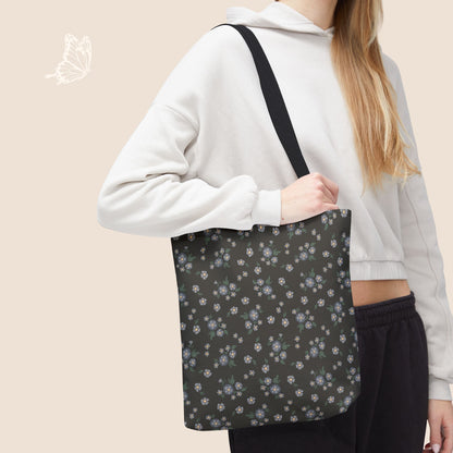 Meadow Heirloom Floral Denim Night Day Tote Bag with hand drawn artwork - Flourish Moon Studio