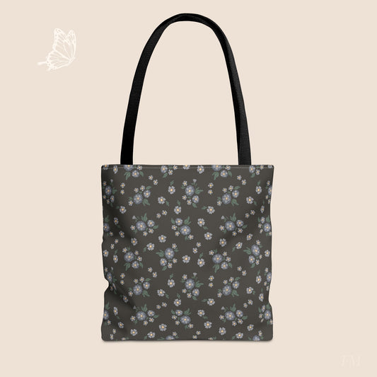 Meadow Heirloom Floral Denim Night Day Tote Bag with hand drawn artwork - Flourish Moon Studio