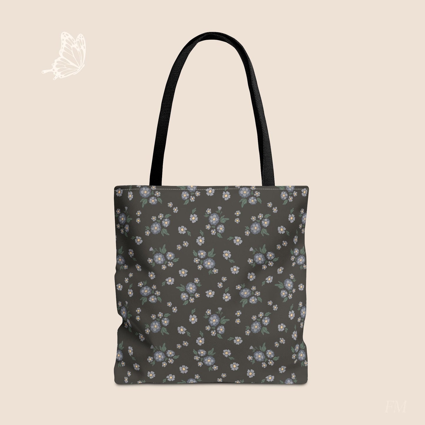 Meadow Heirloom Floral Denim Night Day Tote Bag with hand drawn artwork - Flourish Moon Studio