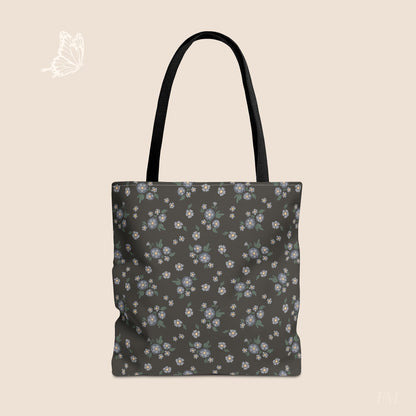 Meadow Heirloom Floral Denim Night Day Tote Bag with hand drawn artwork - Flourish Moon Studio
