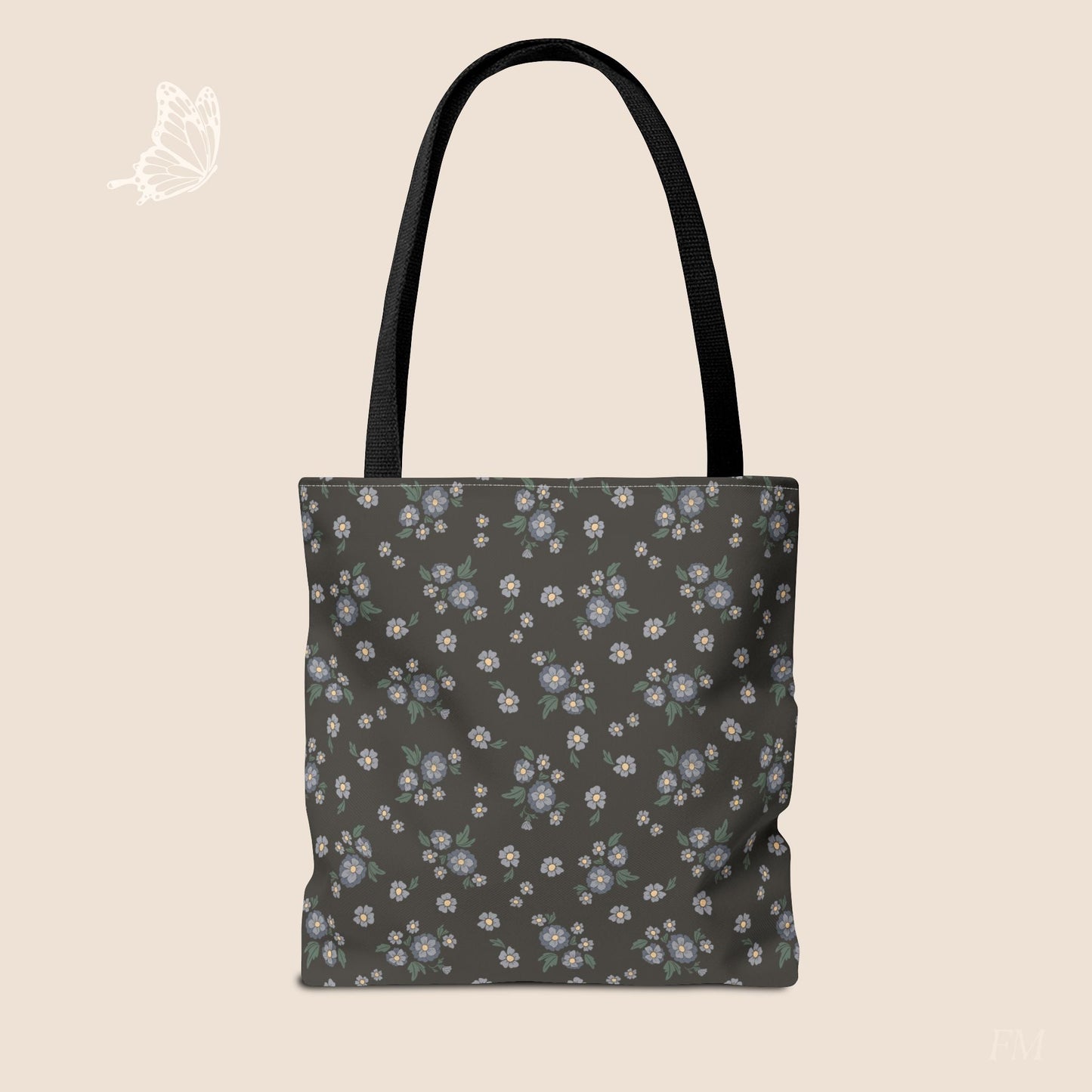 Meadow Heirloom Floral Denim Night Day Tote Bag with hand drawn artwork - Flourish Moon Studio