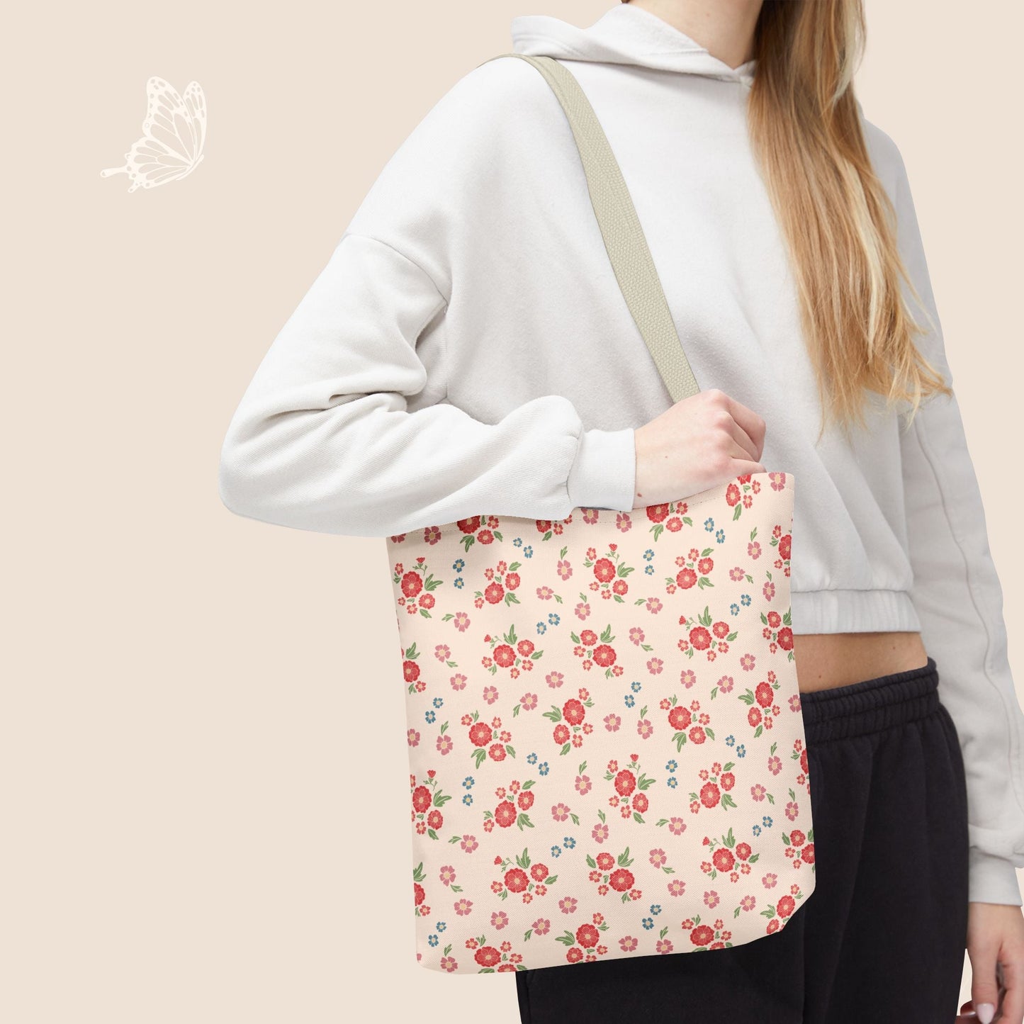 Meadow Heirloom Floral Spring Garden Day Tote Bag with hand drawn artwork - Flourish Moon Studio