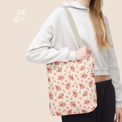 Meadow Heirloom Floral Spring Garden Day Tote Bag with hand drawn artwork - Flourish Moon Studio
