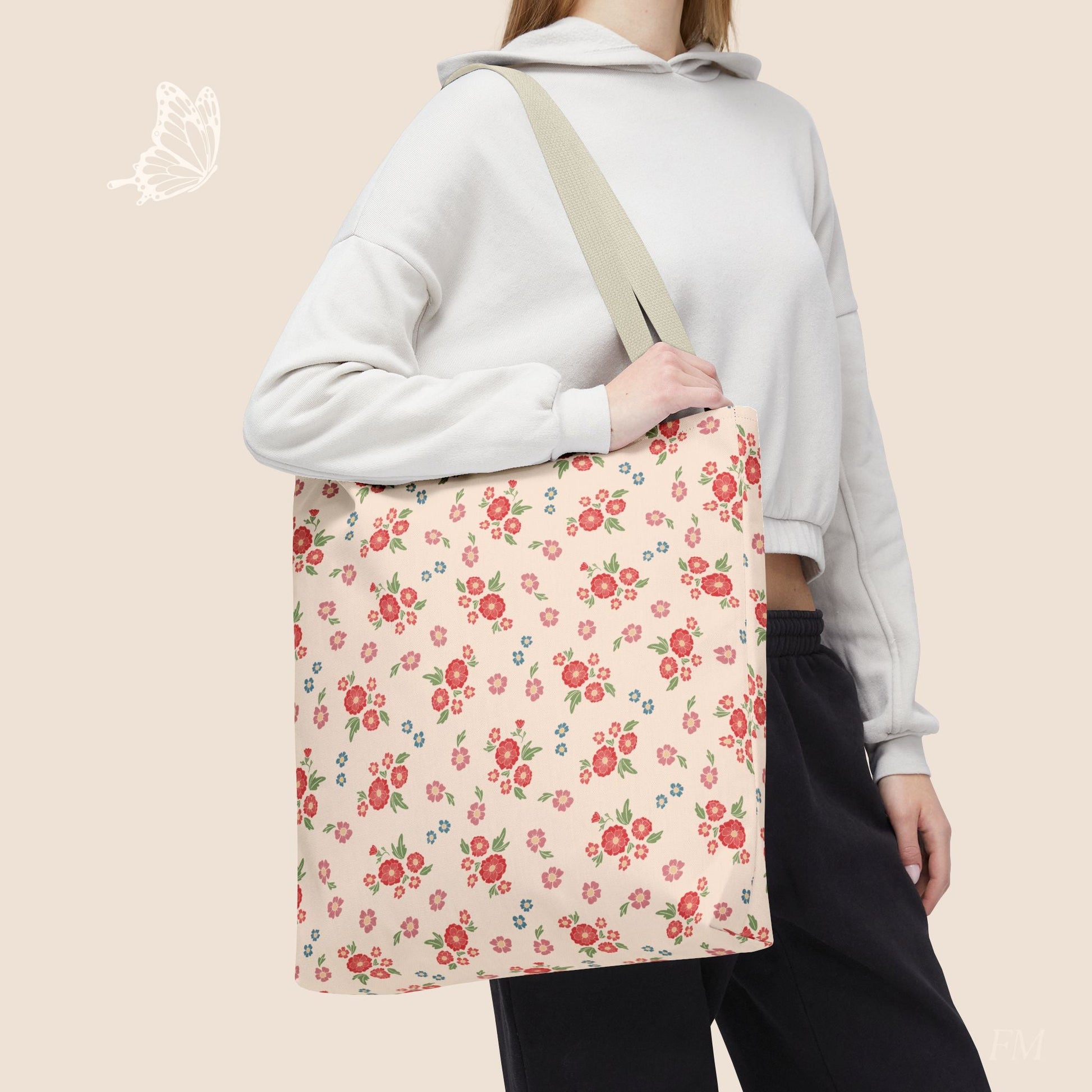 Meadow Heirloom Floral Spring Garden Day Tote Bag with hand drawn artwork - Flourish Moon Studio