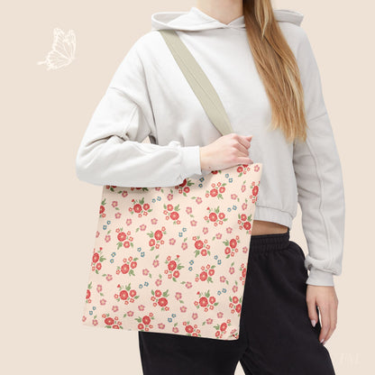 Meadow Heirloom Floral Spring Garden Day Tote Bag with hand drawn artwork - Flourish Moon Studio