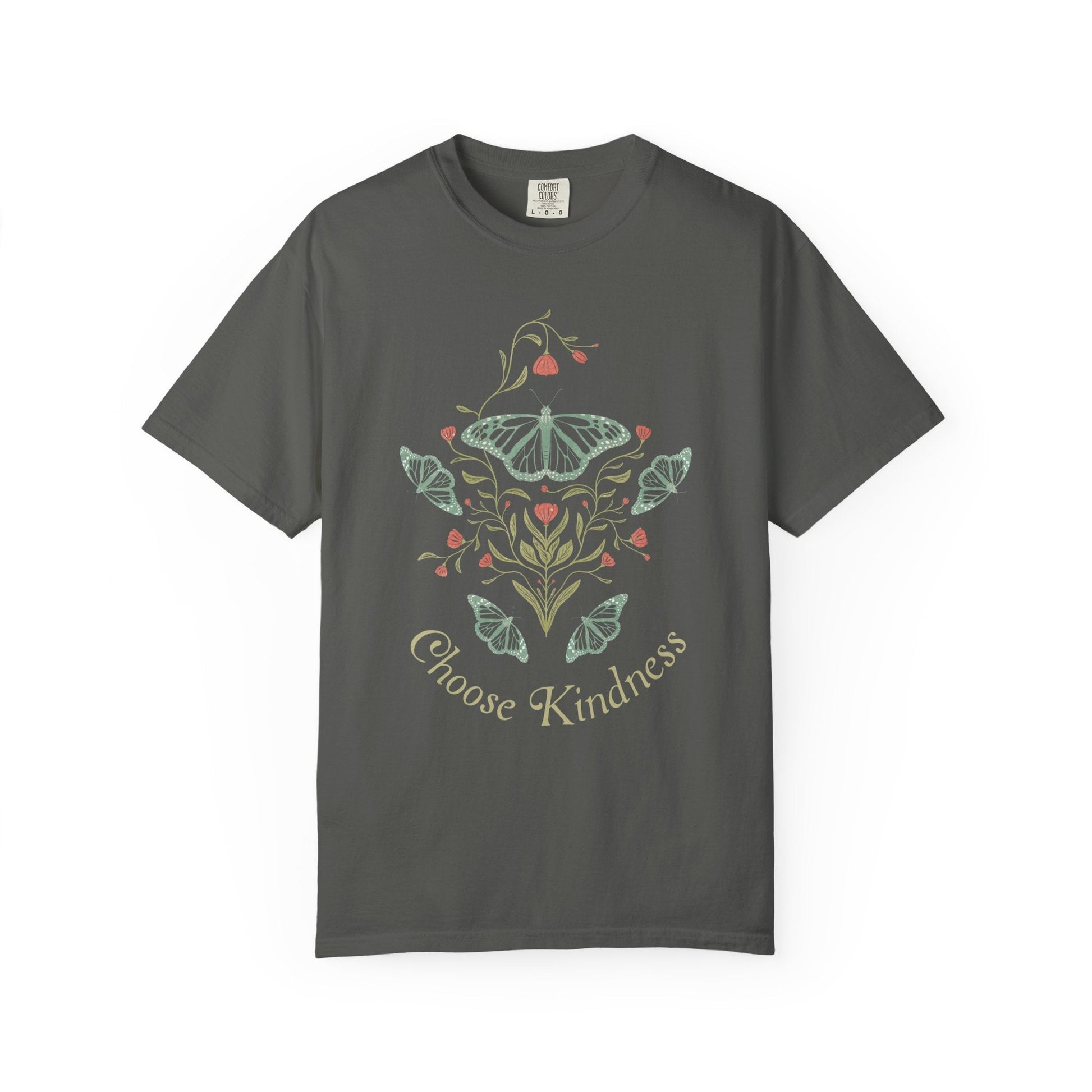 Meadowlace Butterflies Choose Kindness Garment - Dyed Tee with hand - drawn artwork - Flourish Moon Studio