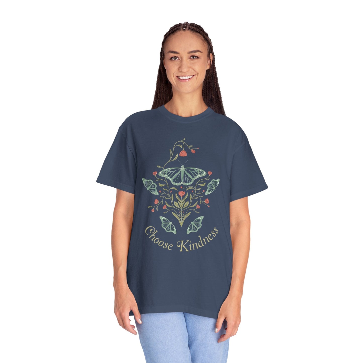 Meadowlace Butterflies Choose Kindness Garment - Dyed Tee with hand - drawn artwork - Flourish Moon Studio