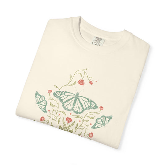 Meadowlace Butterflies Choose Kindness Garment - Dyed Tee with hand - drawn artwork - Flourish Moon Studio