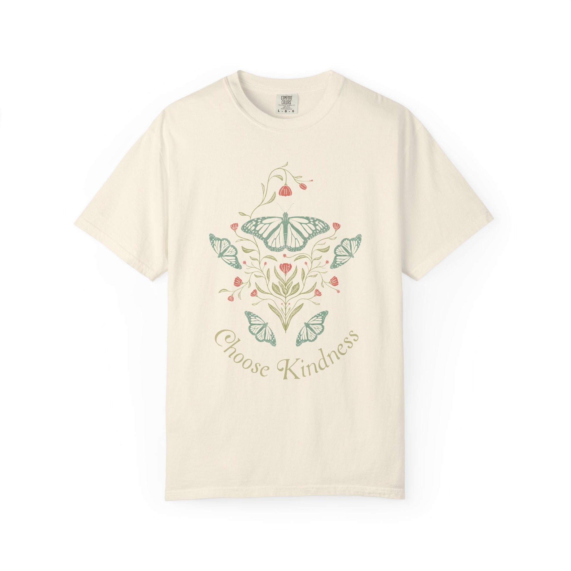 Meadowlace Butterflies Choose Kindness Garment - Dyed Tee with hand - drawn artwork - Flourish Moon Studio