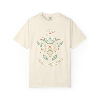 Meadowlace Butterflies Choose Kindness Garment - Dyed Tee with hand - drawn artwork - Flourish Moon Studio