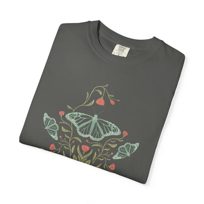 Meadowlace Butterflies Choose Kindness Garment - Dyed Tee with hand - drawn artwork - Flourish Moon Studio