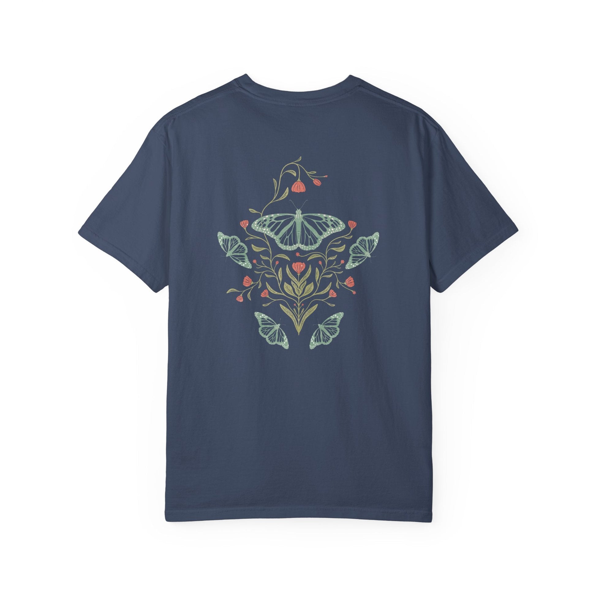 Meadowlace Butterflies Choose Kindness Garment - Dyed Tee with hand - drawn artwork - Flourish Moon Studio