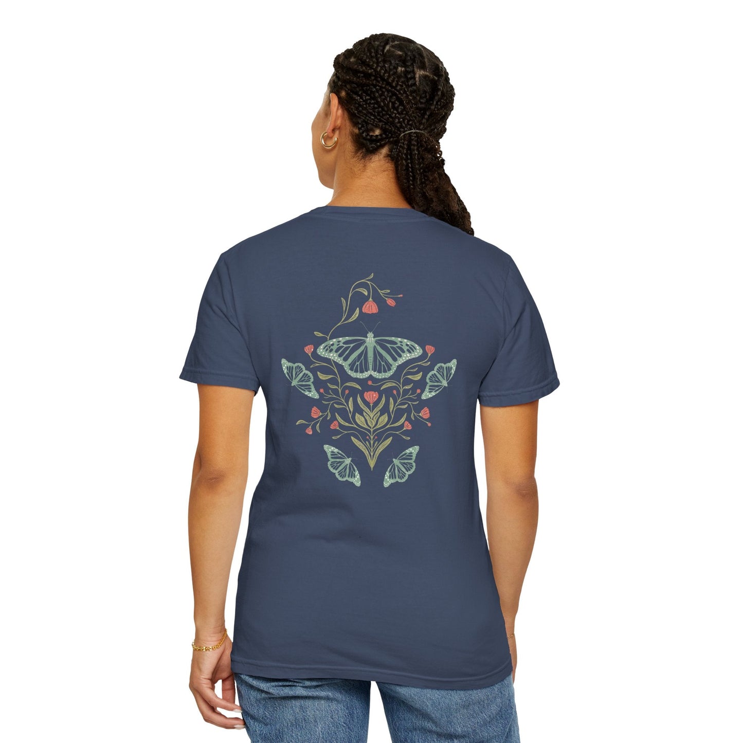 Meadowlace Butterflies Choose Kindness Garment - Dyed Tee with hand - drawn artwork - Flourish Moon Studio