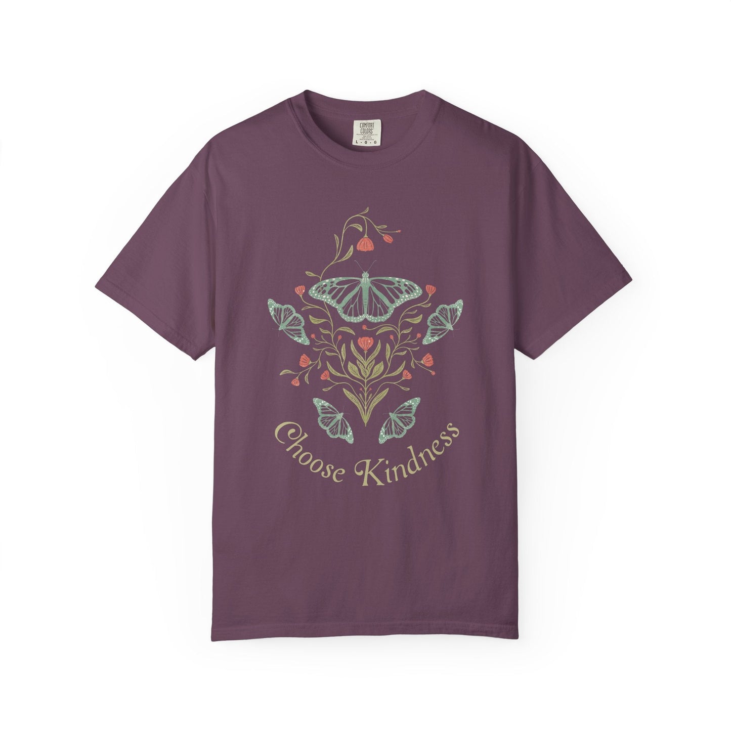Meadowlace Butterflies Choose Kindness Garment - Dyed Tee with hand - drawn artwork - Flourish Moon Studio
