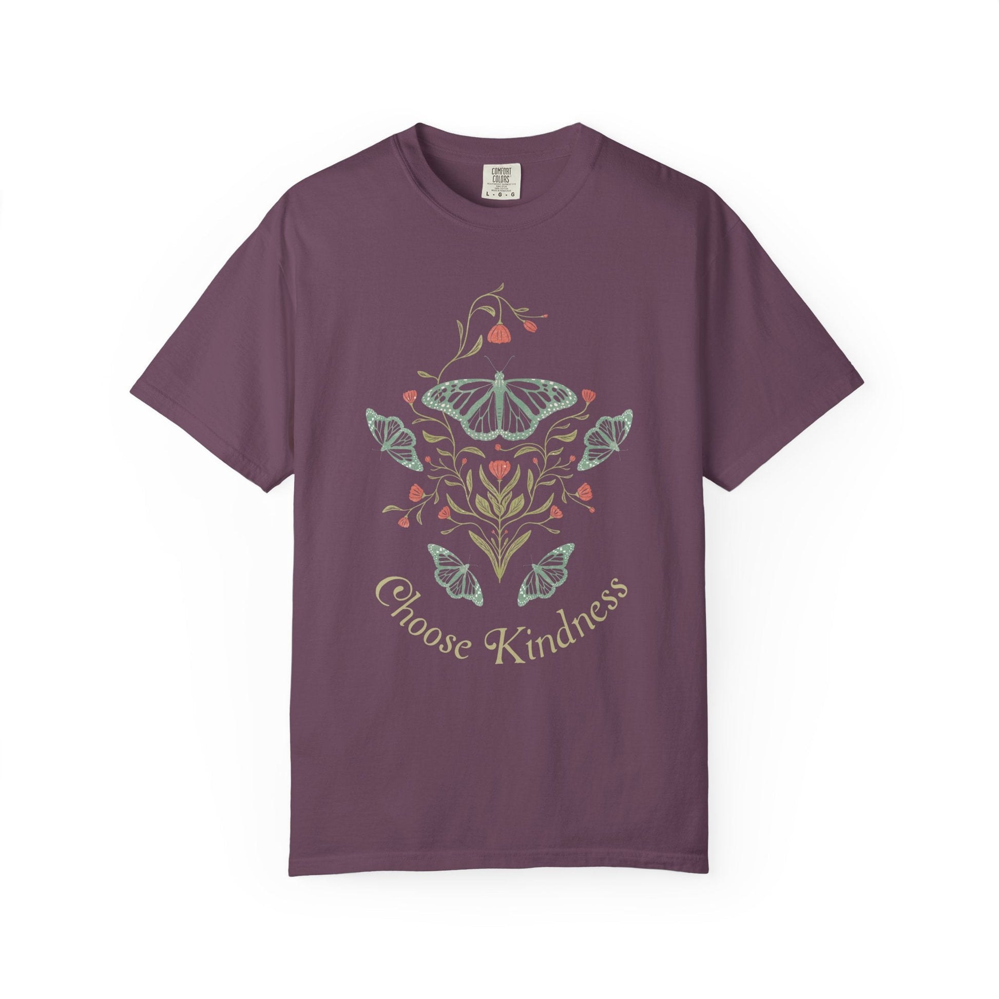 Meadowlace Butterflies Choose Kindness Garment - Dyed Tee with hand - drawn artwork - Flourish Moon Studio