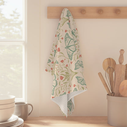 Meadowlace Butterflies Microfiber Waffle Kitchen Towel with hand - drawn artwork - Flourish Moon Studio