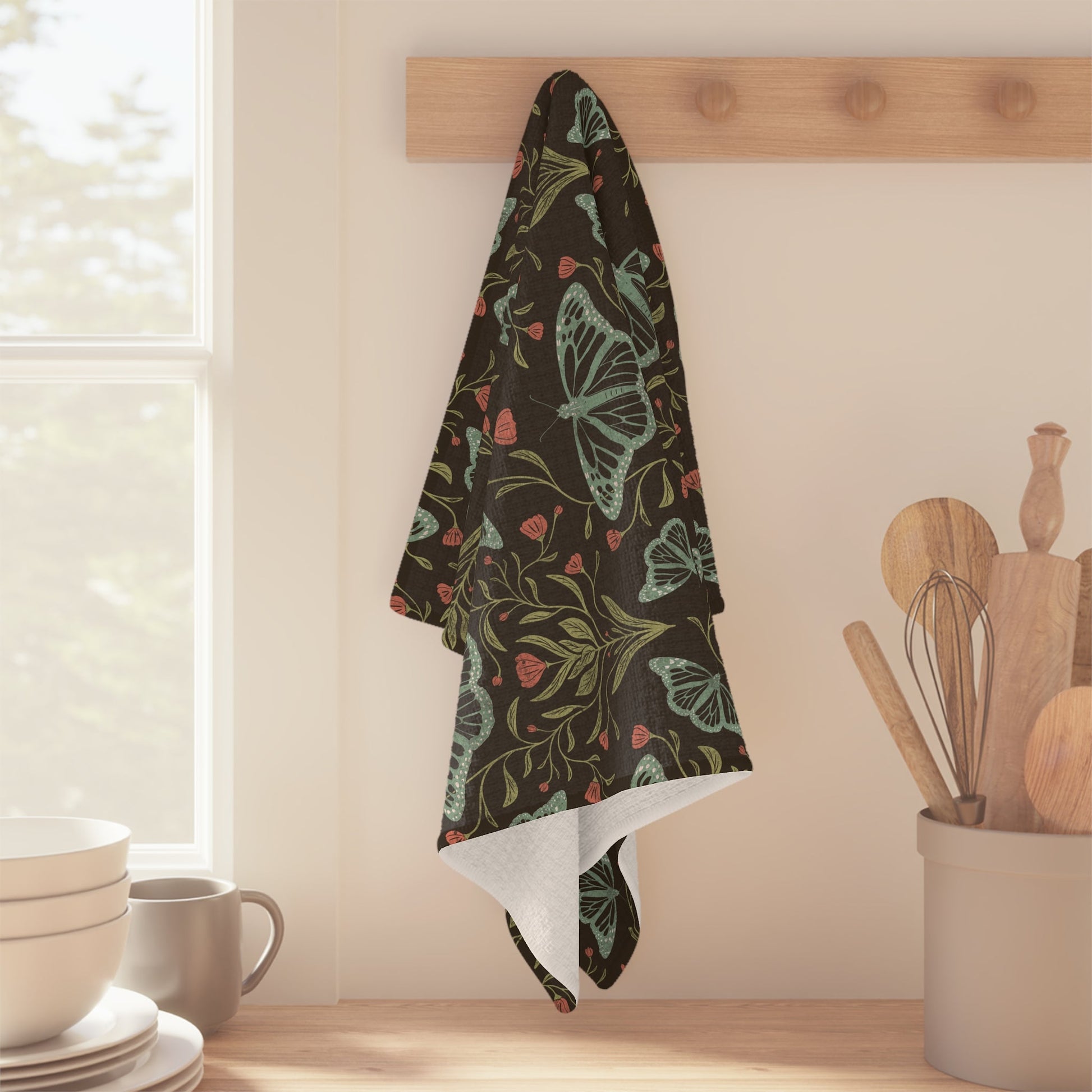Meadowlace Butterflies Nightglow Microfiber Waffle Kitchen Towel with hand - drawn artwork - Flourish Moon Studio