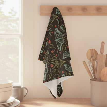 Meadowlace Butterflies Nightglow Microfiber Waffle Kitchen Towel with hand - drawn artwork - Flourish Moon Studio